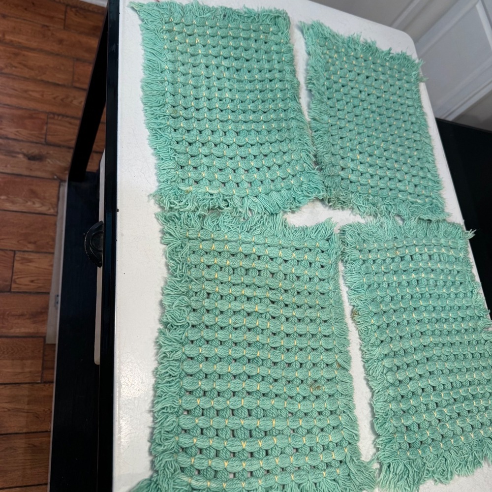 Handmade Placemats Set of 4 14x10 Teal Green Vintage Textured Pom Pom Fringed